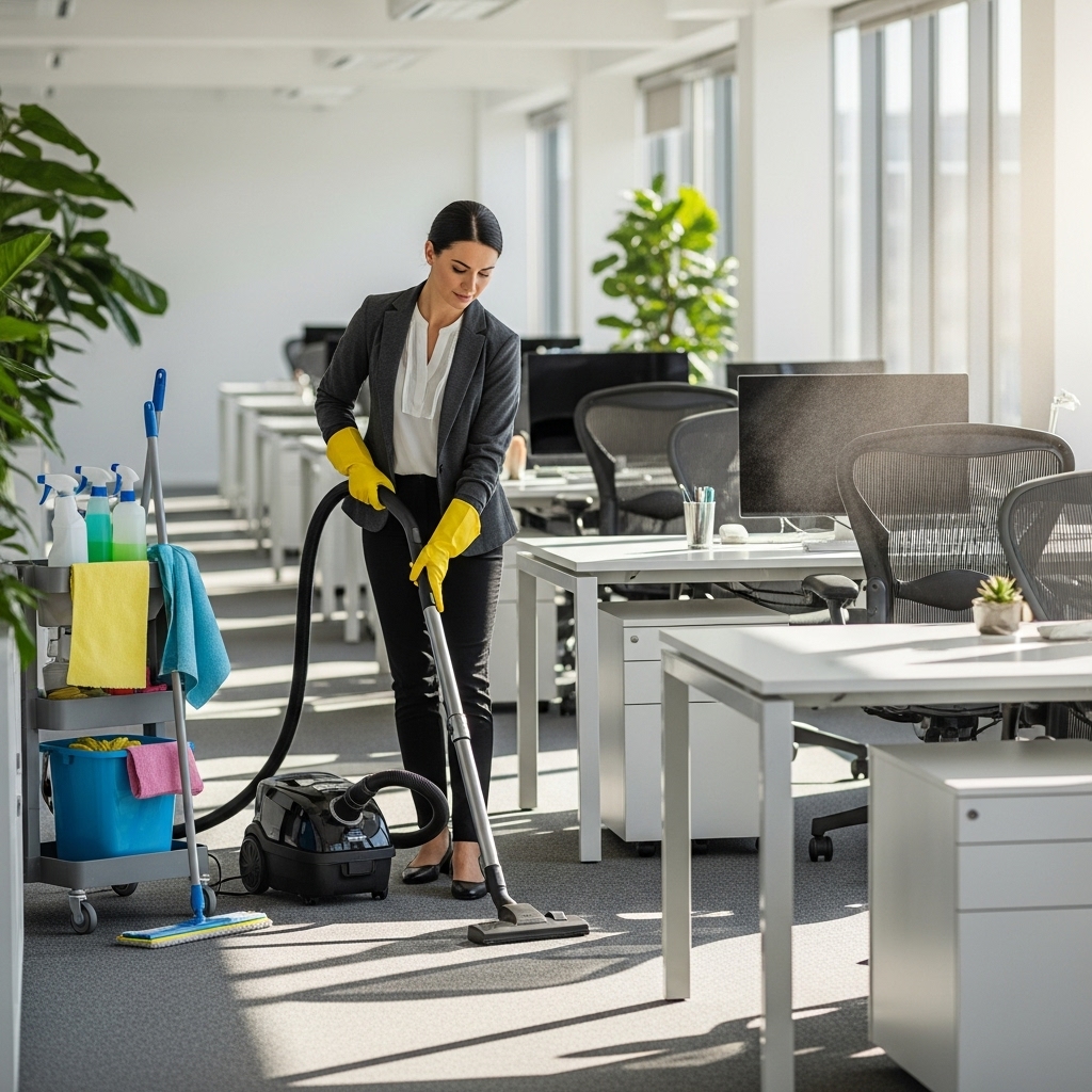 Professional office cleaner at work